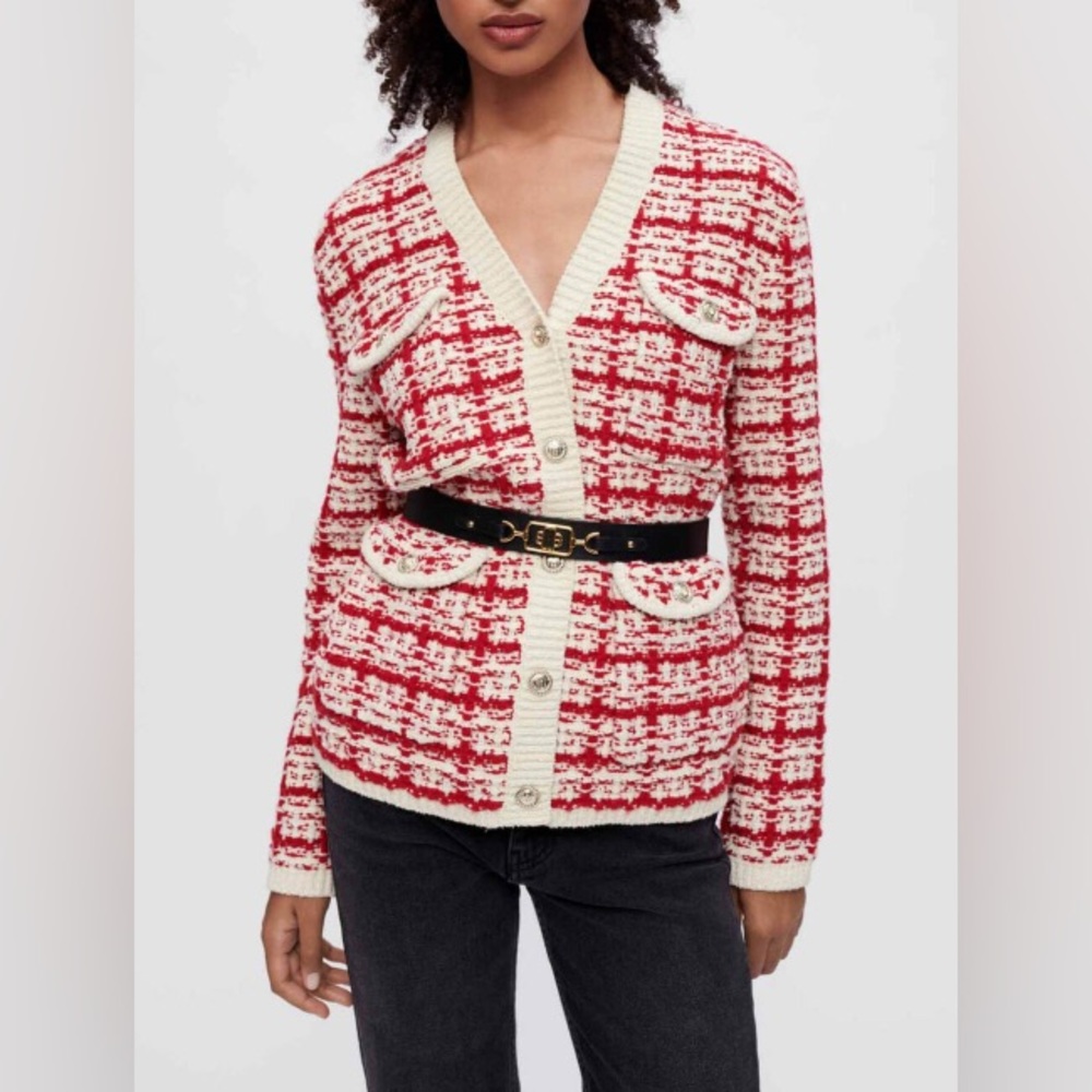 Maje Two-tone tweed-effect knit cardigan